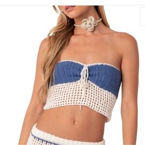 Edikted Blue and White Crochet Tube Top Size XS/S